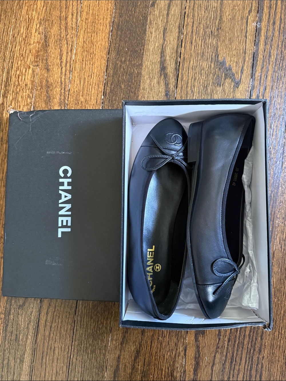 Black Leather Ballet Flats with Bow and CC Logo